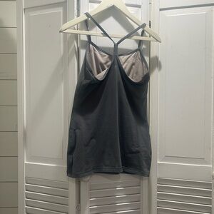 Lululemon, grey razor back tank.  Built in Bra.